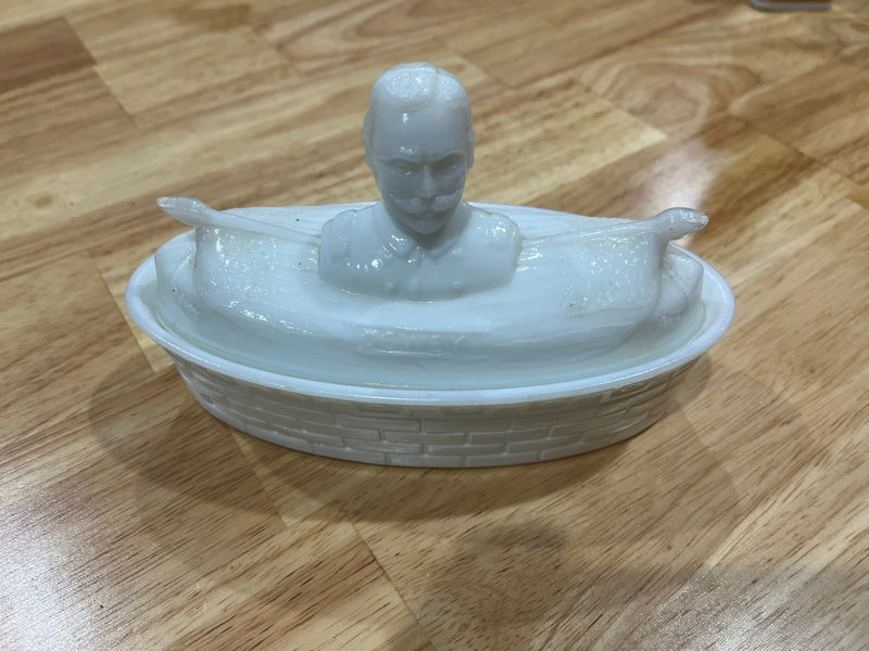 Admiral Dewey Patriatic Milk Glass Dish & Lid