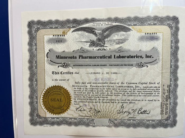 Minnesota Pharmaceutical Laboratories stock certificate