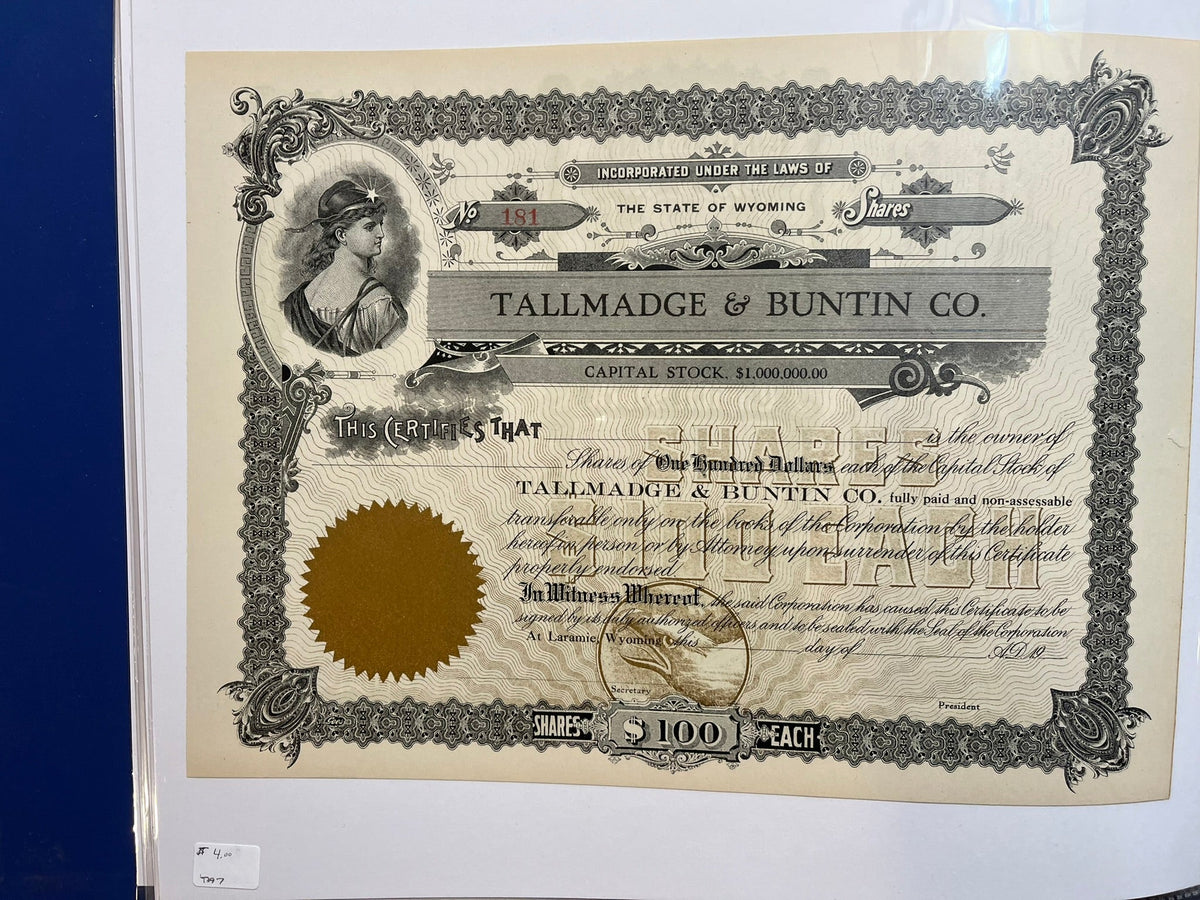Tallmadge & Buntin Co. Stock Certificate