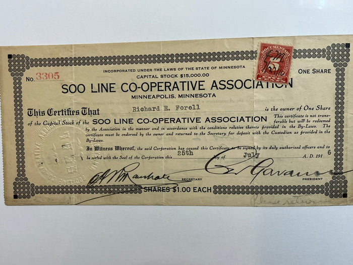 Soo Line Co-Operative Association stock certificate