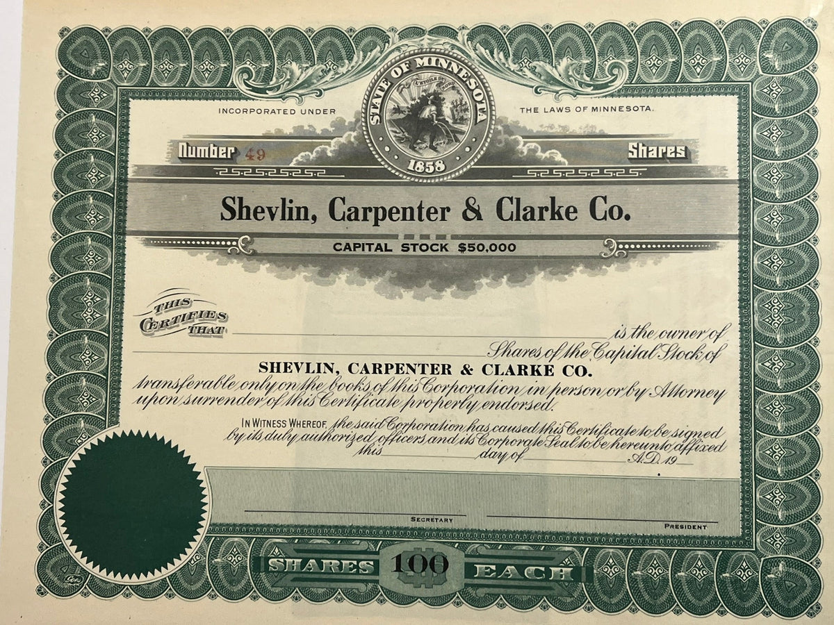 Shevlin, Carpenter & Clarke Capital Stock Certificate