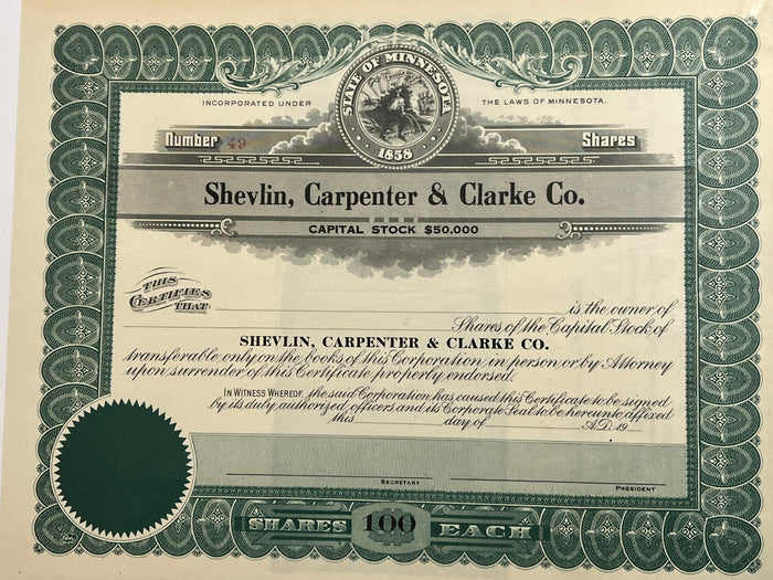 Shevlin, Carpenter & Clarke Capital Stock Certificate