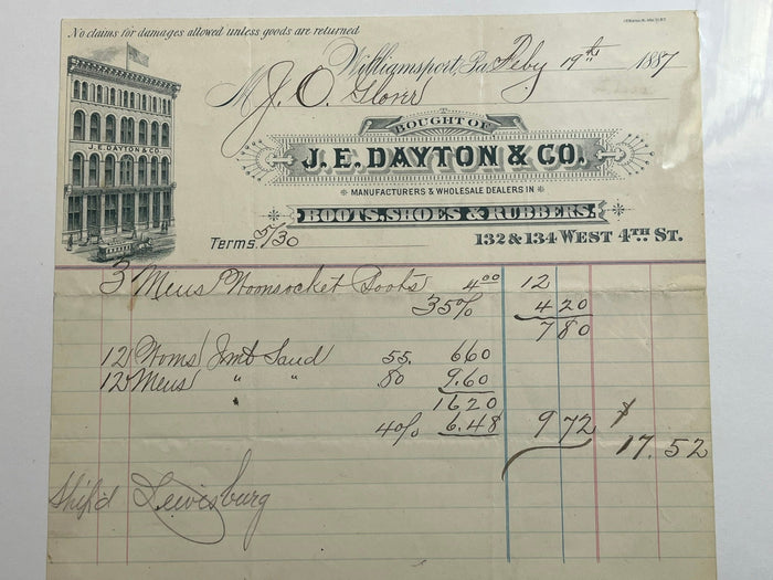 J.E. Dayton Boots & Shoes Invoice