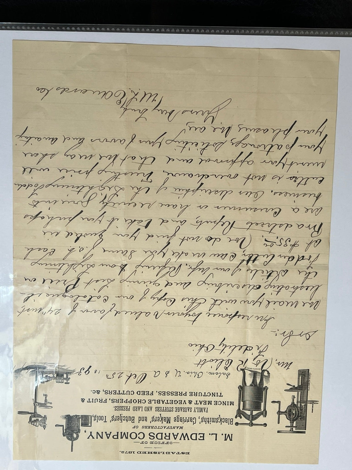 M.L. Edwrds  Blacksmith, Carriage Makers and Butchers Tools letter.