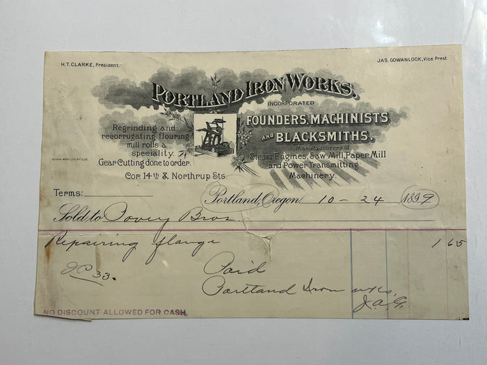 Portland Iron Works  - 1899 Invoice