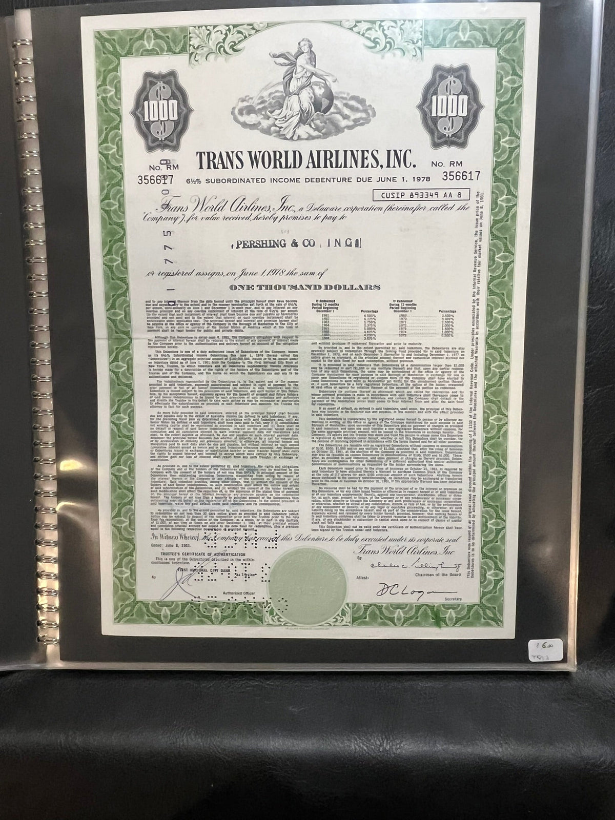 Trans World Airlines Inc. Debenture.