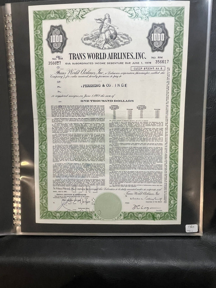 Trans World Airlines Inc. Debenture.