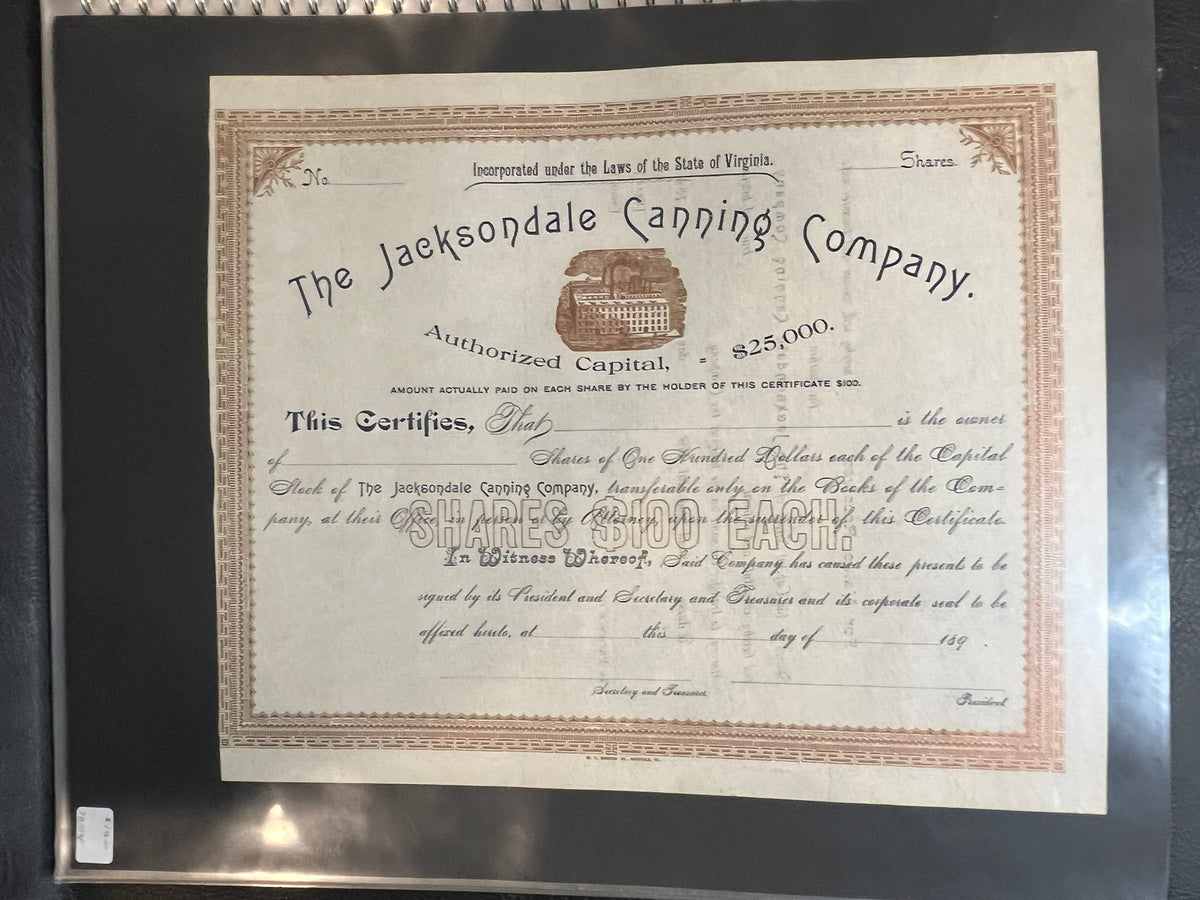 Jacksondale Canning Company Stock Certificate