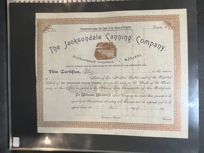 Jacksondale Canning Company Stock Certificate
