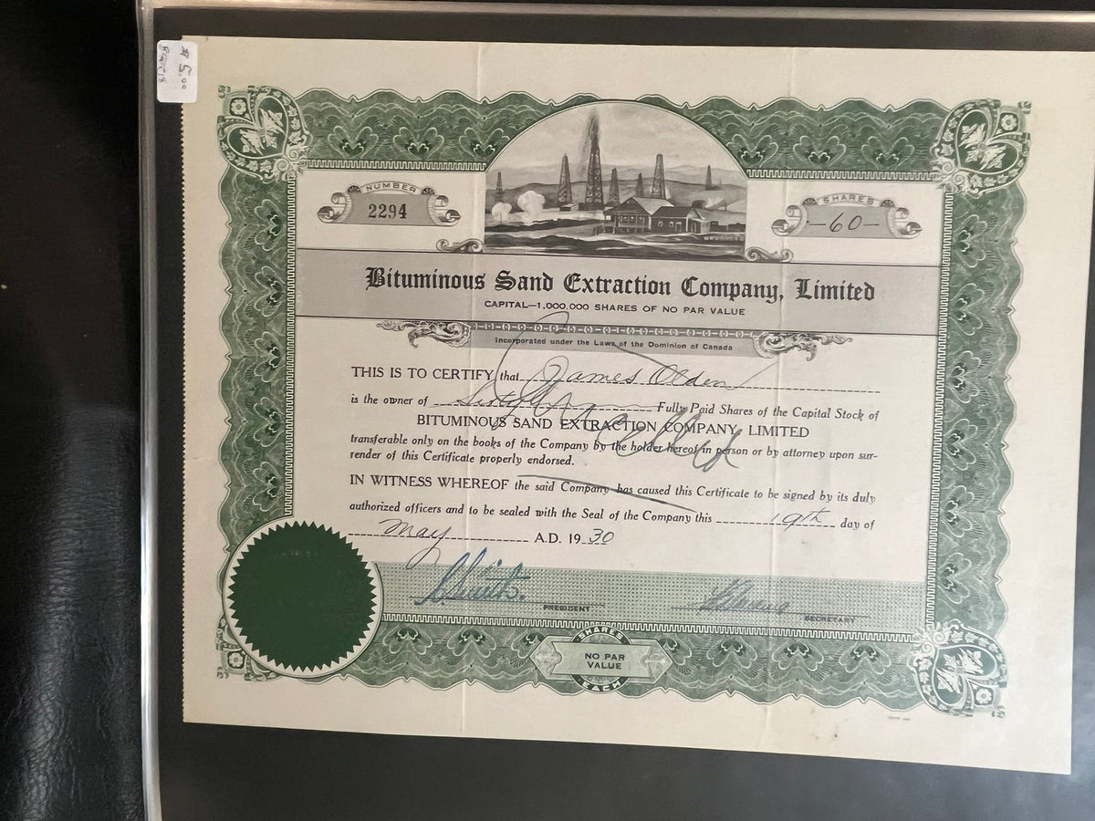 Bituminous Sand Extraction Company Stock Certificate.