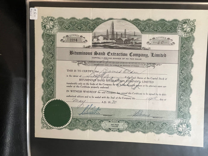 Bituminous Sand Extraction Company Stock Certificate.