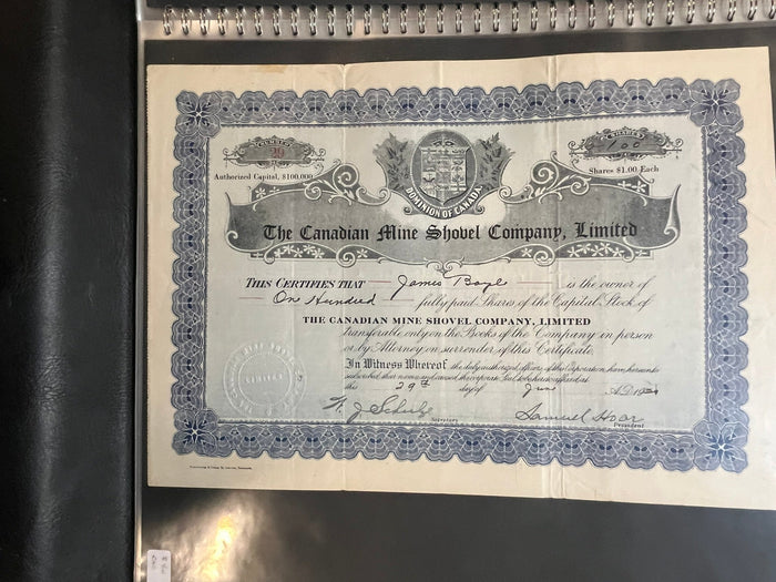 Canadian Mine Shovel Company Capital Stock Certificate