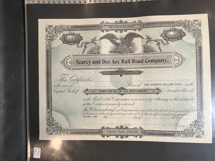 Searcy and  Des Arc Rail Road Company Stock Certificate.