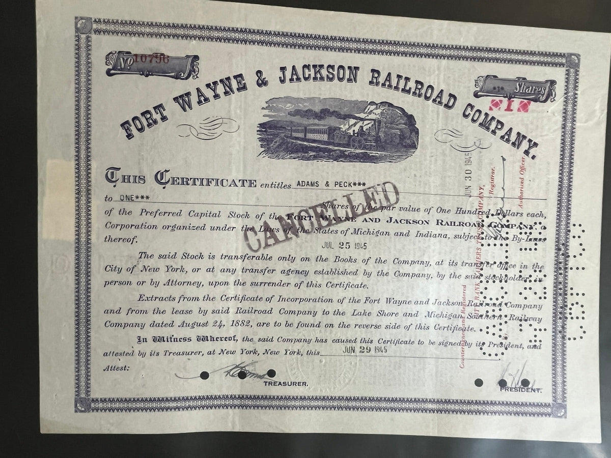 Fort Way & Jackson Railroad Company Stock Certificate. 1945