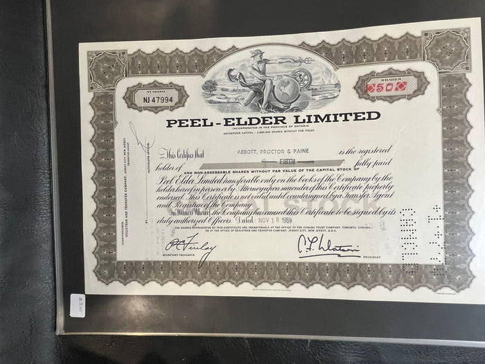 Peel-Elder Litd Stock Certificate.