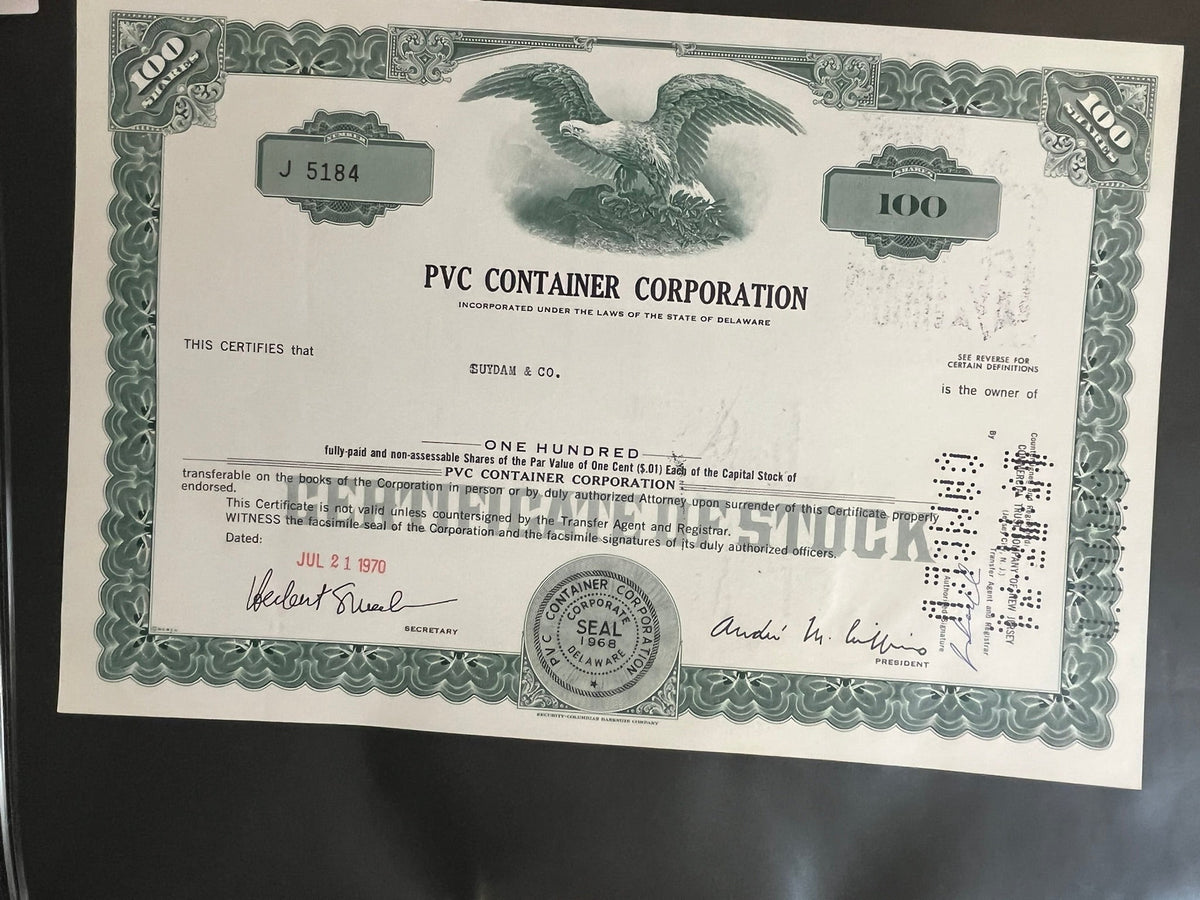 Pvc Companies File PVC Container Corporation Stock Certificate. – History Bound
