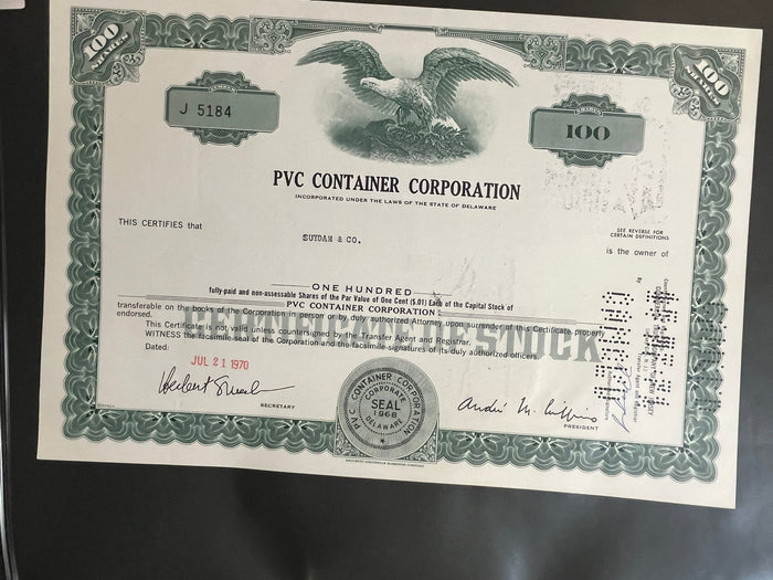 PVC Container Corporation Stock Certificate.