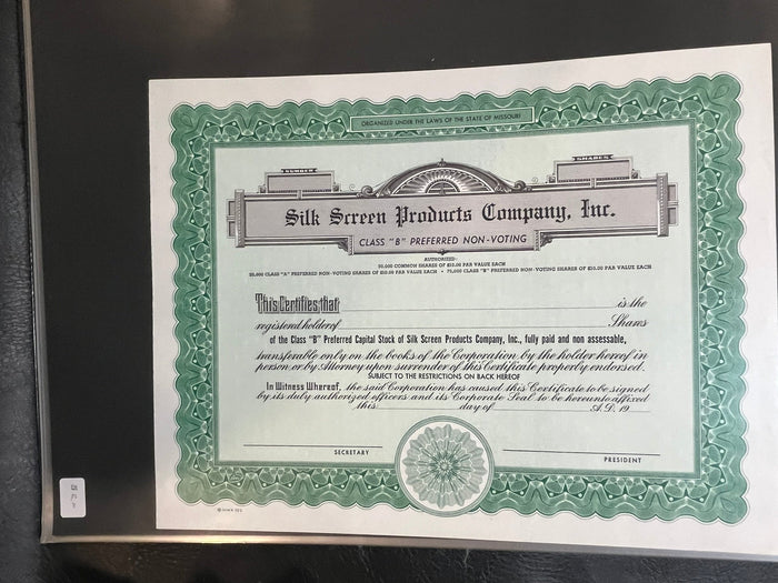 Silk Screen Products Company Stock Certificate