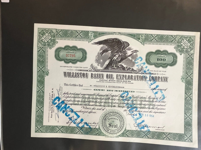 Williston Basin Oil Exploration Company Stock Certificate