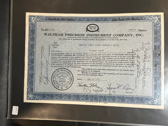 Waltham Precision Instrument Company Stock Certificate.