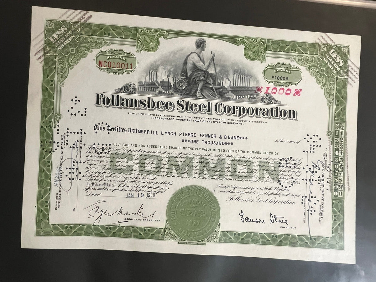 Follansbee Steel Corporation Stock Certificate