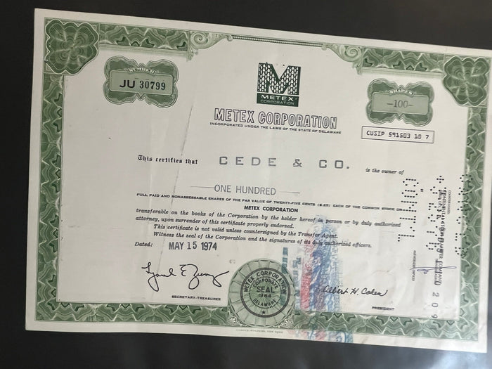 Metex Corporation Stock Certificate