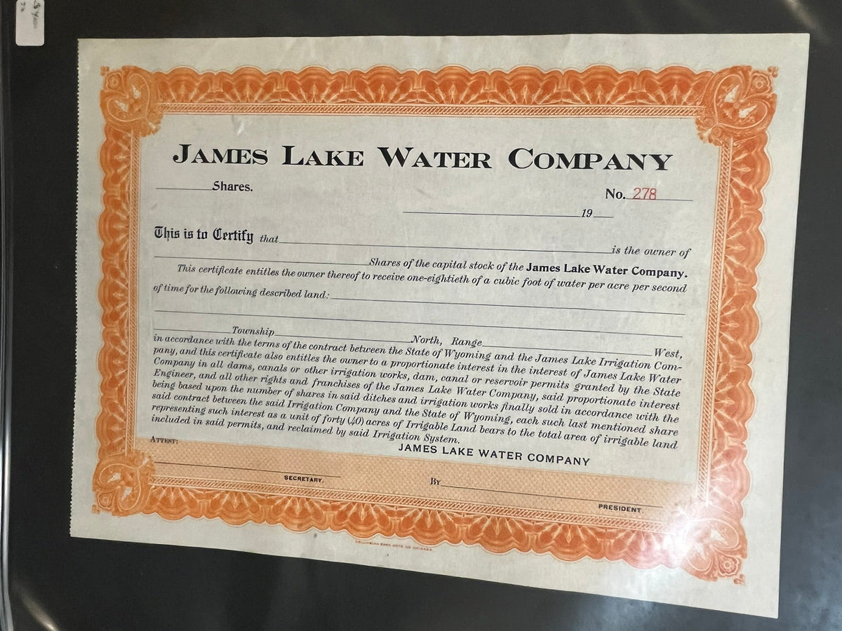 James Lake Water Company Stock Certificate
