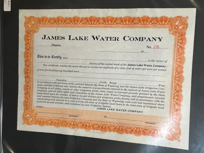 James Lake Water Company Stock Certificate