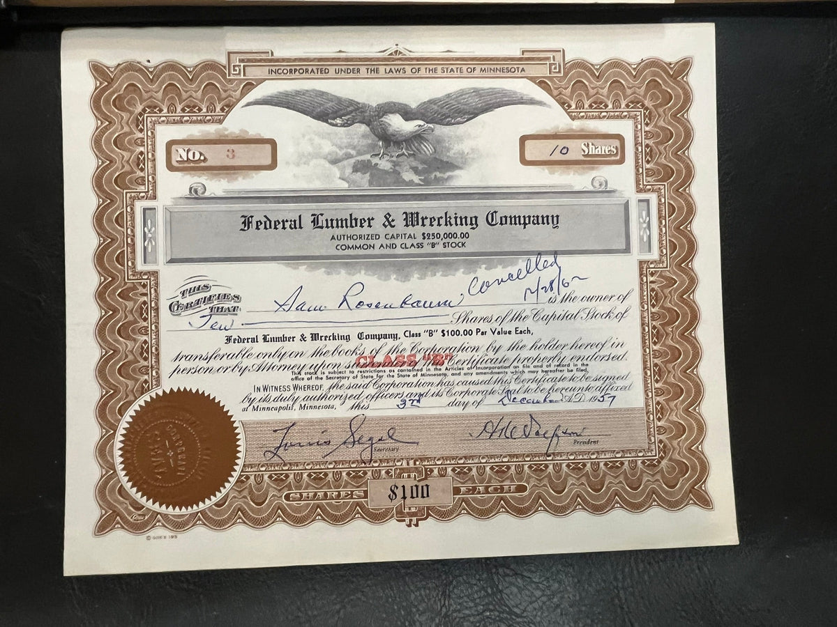 Federal Lumber and Wrecking Company. Stock Certificated.