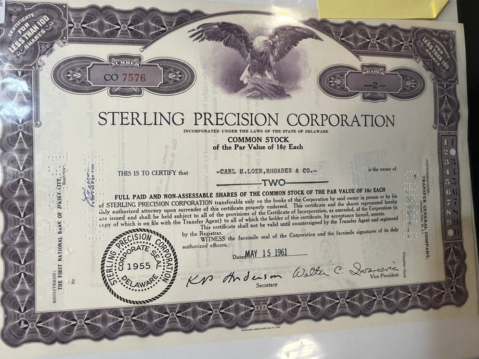 Sterling Precision Corporation Stock Certificate