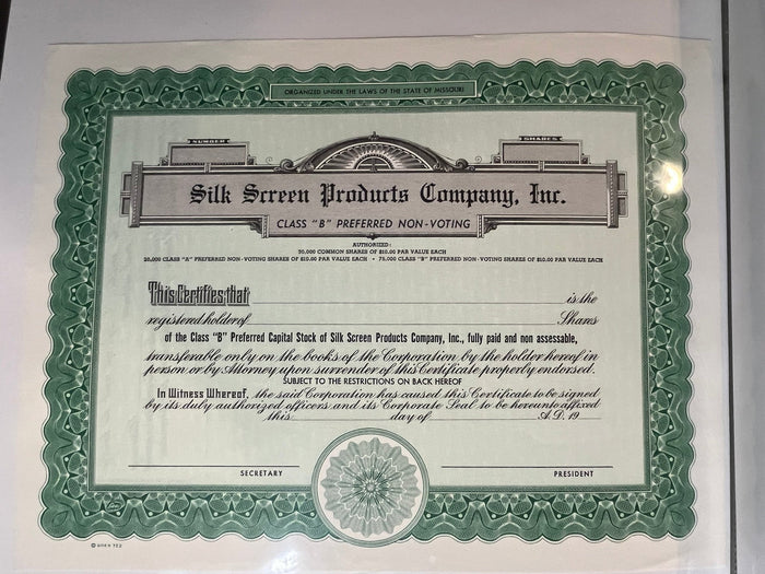 Silk Screen Products Company Stock Certificate