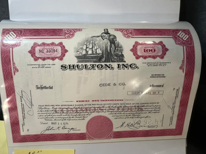 Shulton, Inc Stock Certificate