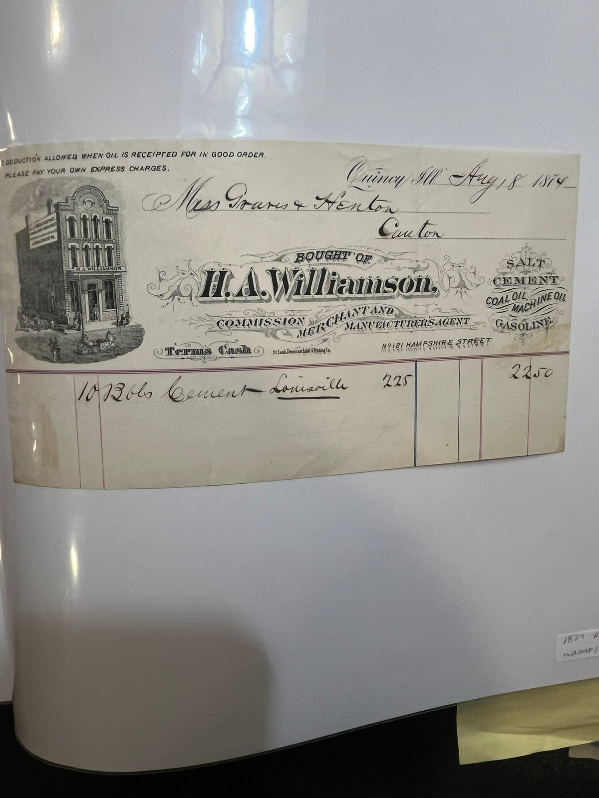 H.A. Williamson - Quincy Illinois  Recepit.