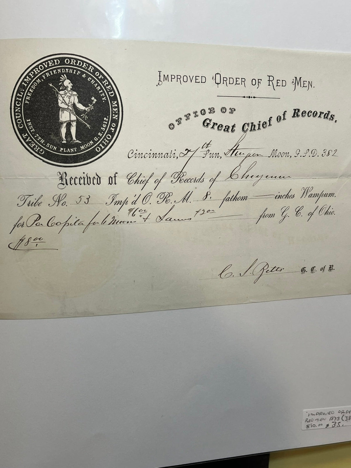 Improved Order of Red Men Receipt