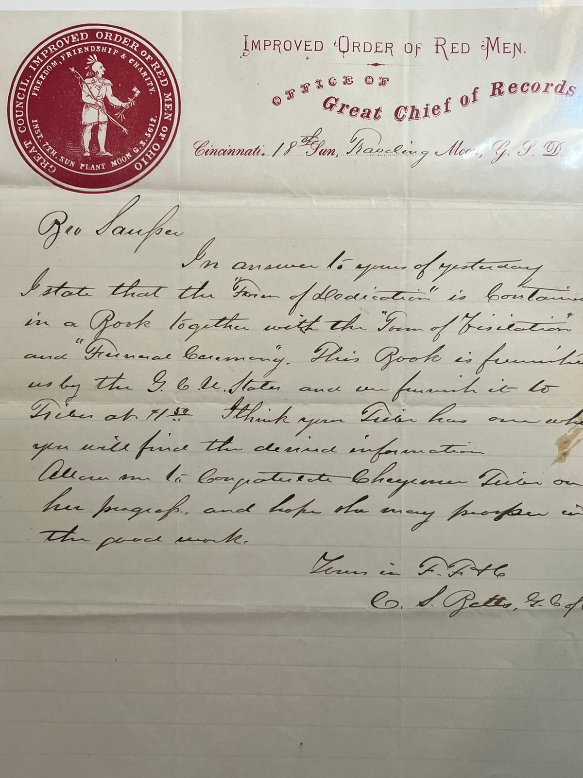 Improved Order of Red Men of Ohio Leter