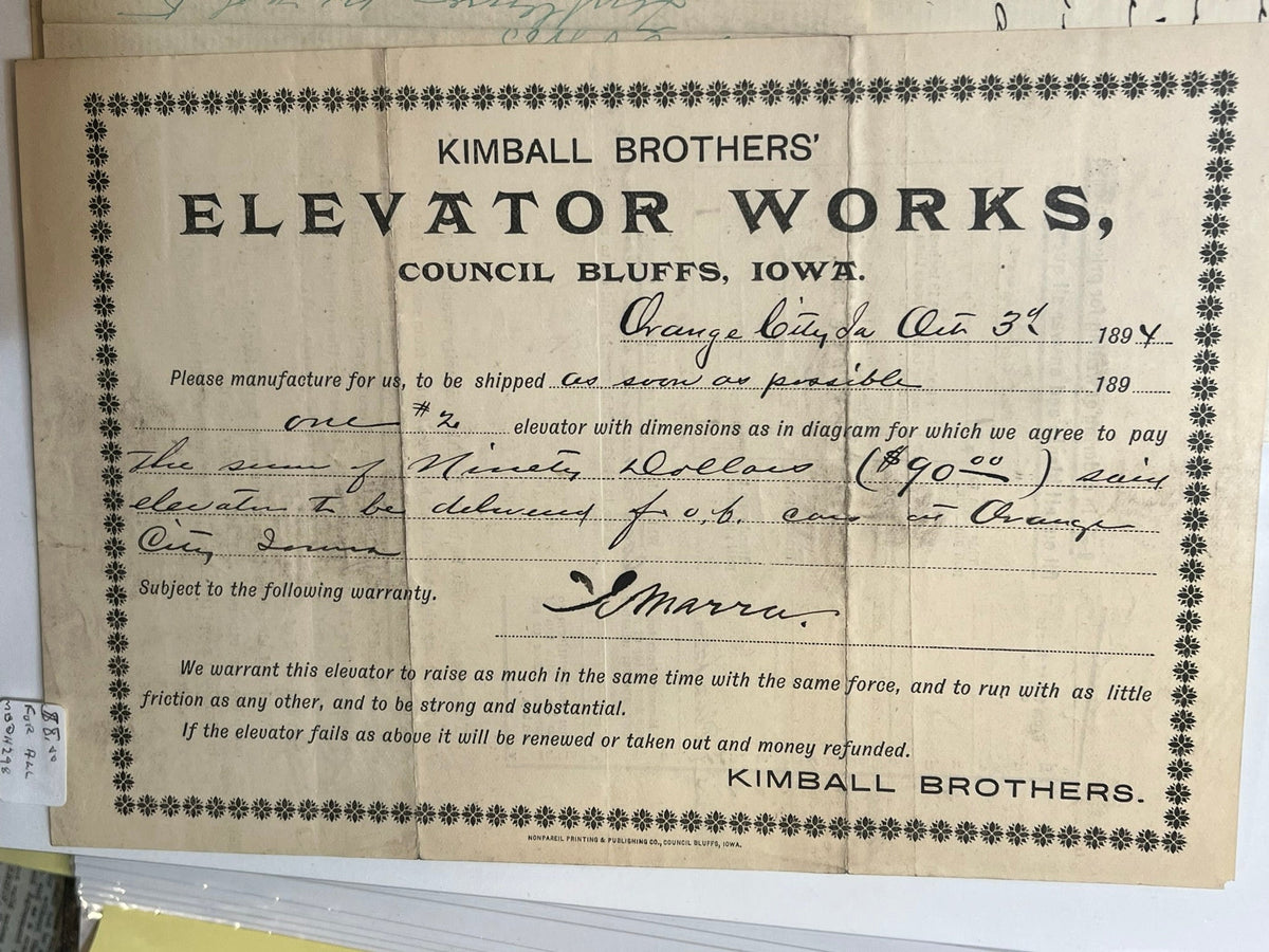 Kimball Brothers Elevator Works Order