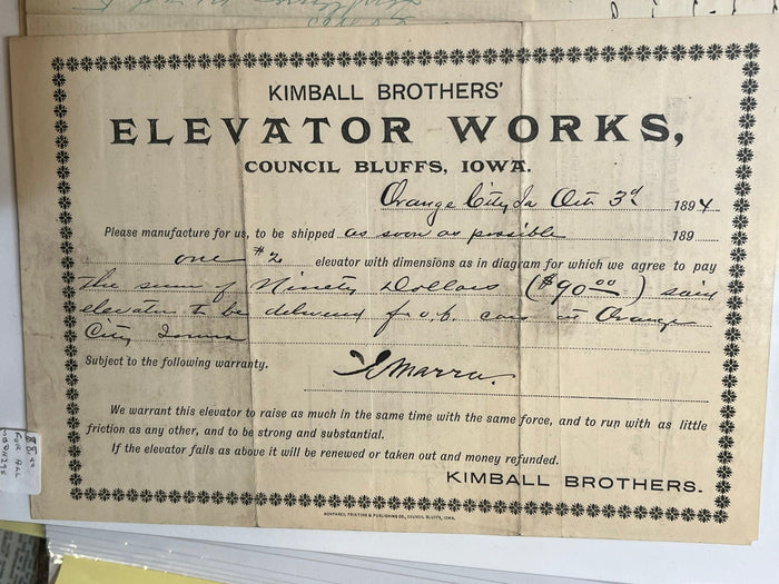 Kimball Brothers Elevator Works Order