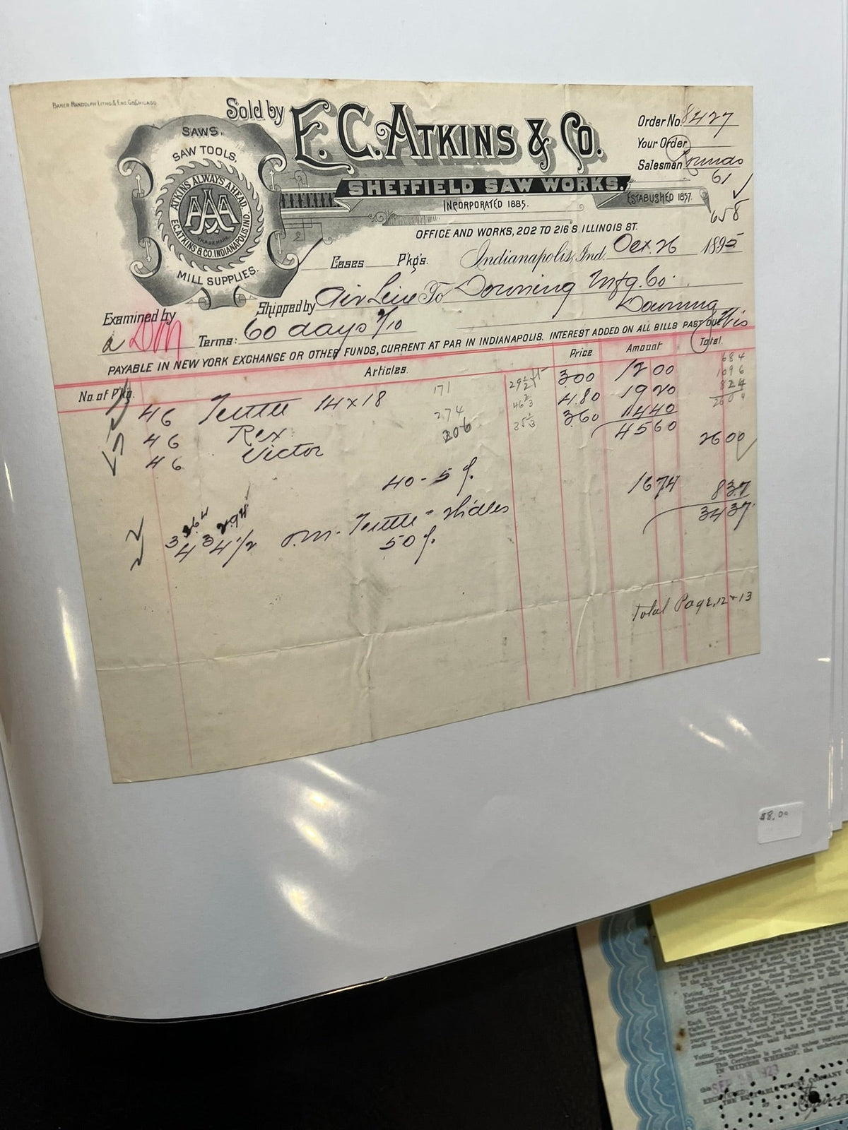 E.A. Stkins & Co. - Sheffield Saw Works Invoice