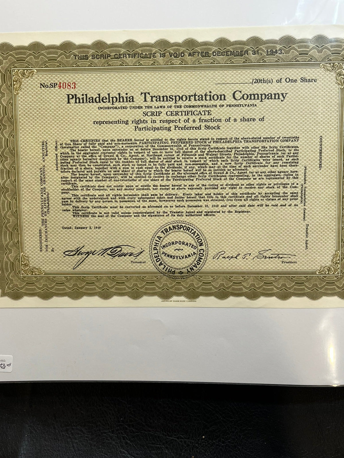 Philadelphia Transportation Company Scrip Certificate