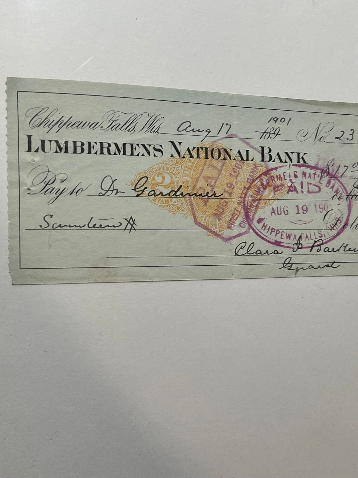 Lumberman's National Bank Check
