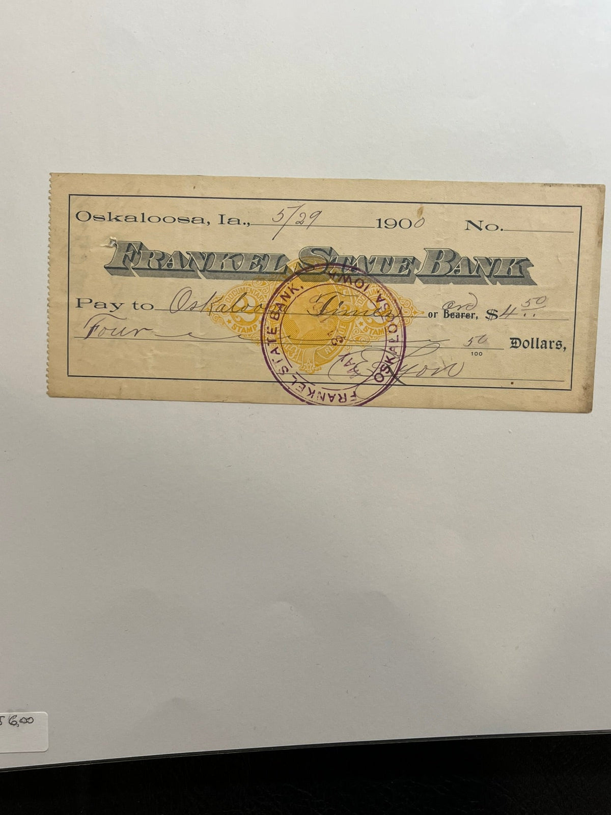 Frankel State Bank 1900 check