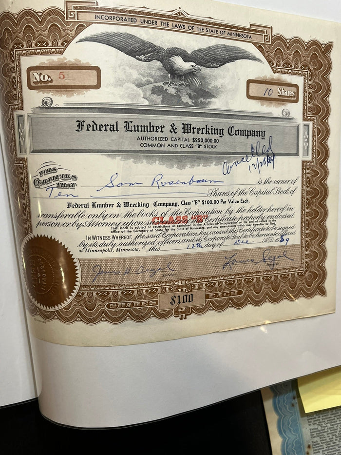 Federal Lumber & Wrecking Company Stock Certificate