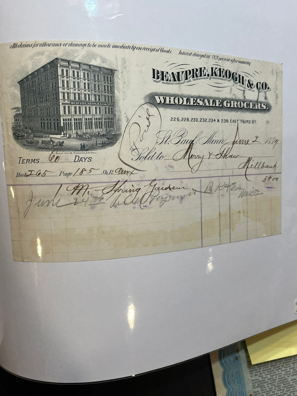 Beupre, Keogh Wholesale Grocers Invoice
