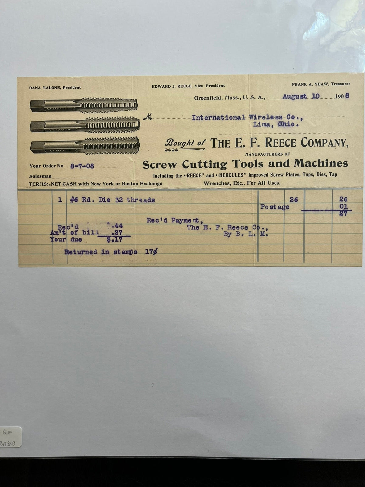 E.F. Reece Screw Cutting Tools Invoice