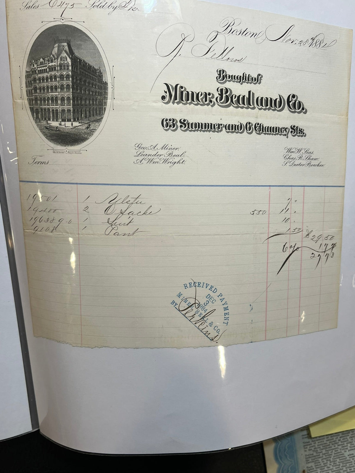 Miner, Beal and Co. Invoice - Boston