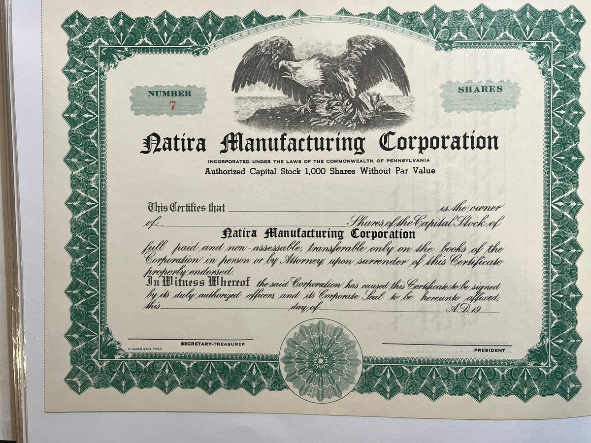 Natira Manufacturing Corporation Stock Certificate