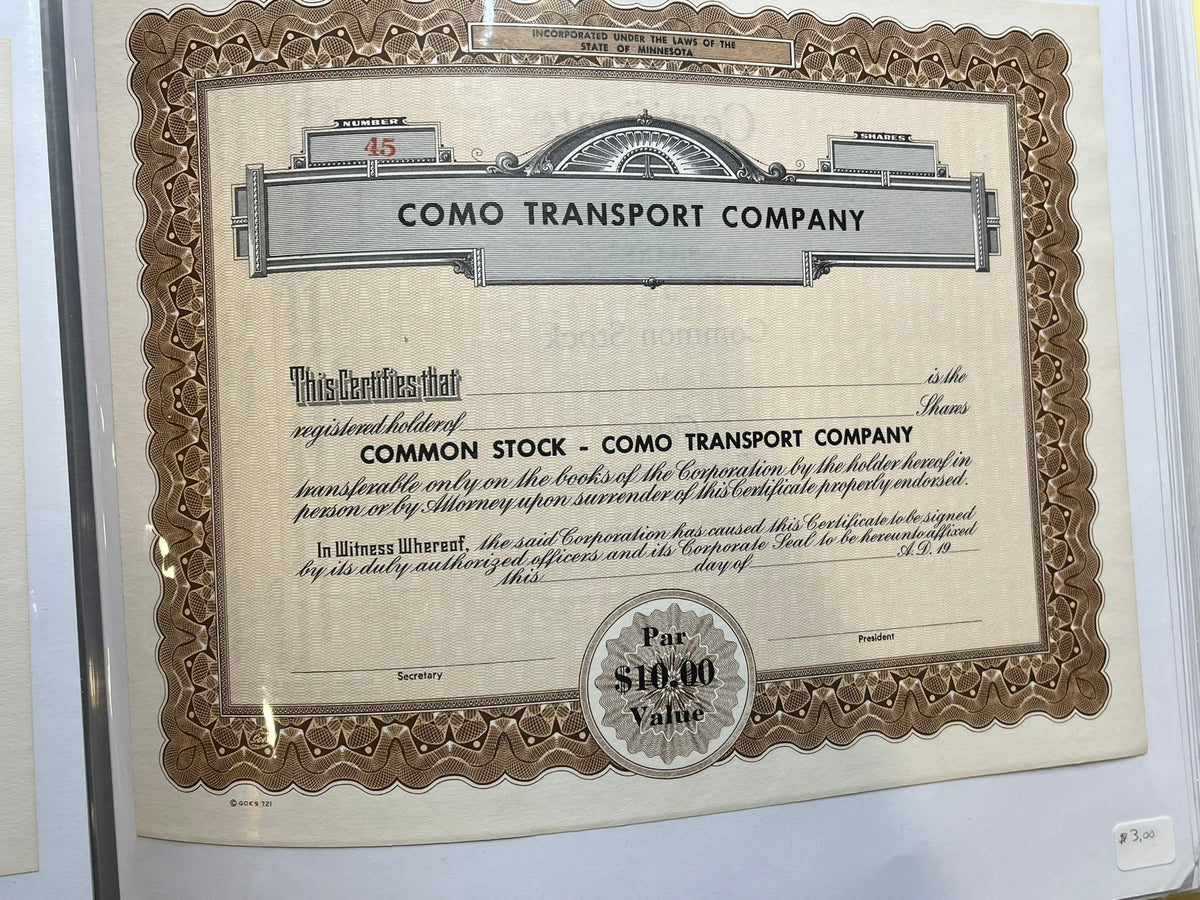 Como Transport Company Stock Certificate