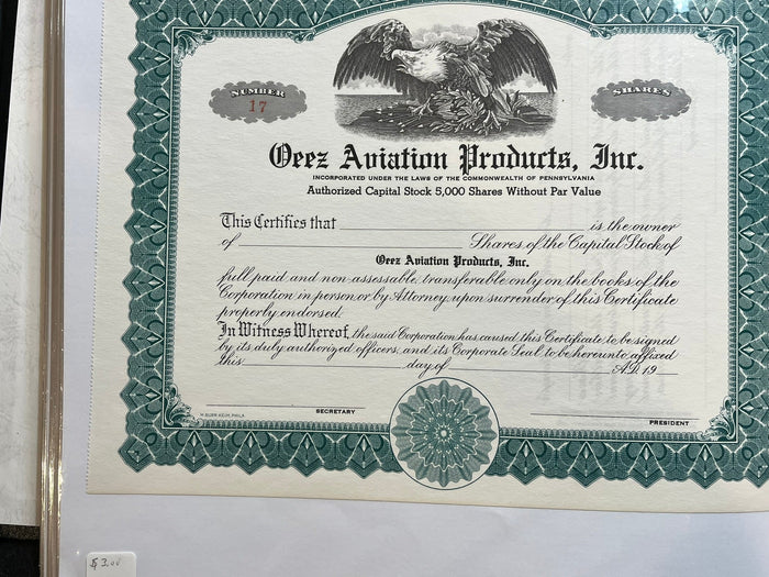Oeez Aviatio0n Products, Inc. Stock Certificate