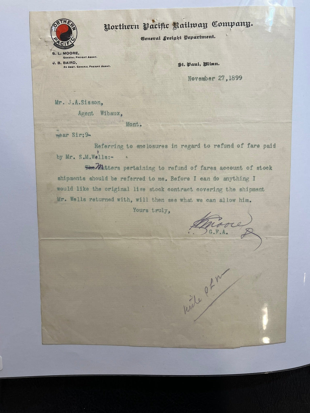 North Pacific Railway Company Letter