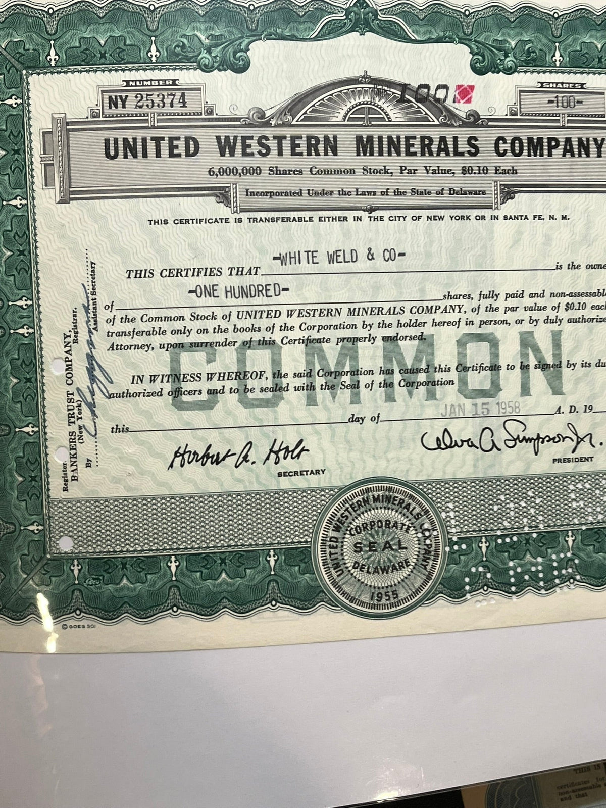 United Western Minerals Companmy Stock Certificate